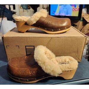 UGG 'Kalie' Naturally Distressed Shearling Lined Mules w/Wood Midsoles Sz. 7